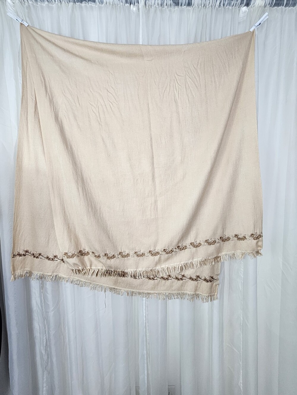 Liberty London Pashmina Cashmere Silk Floral Embroidered Shawl Scarf Wrap Beige